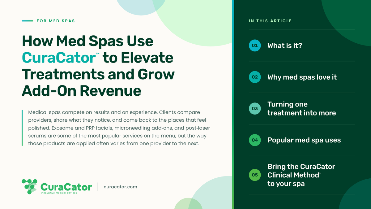 Beige image with dark green text reading "How Med Spas Use CuraCator™ to Elevate Treatments and Grow Add-On Revenue"